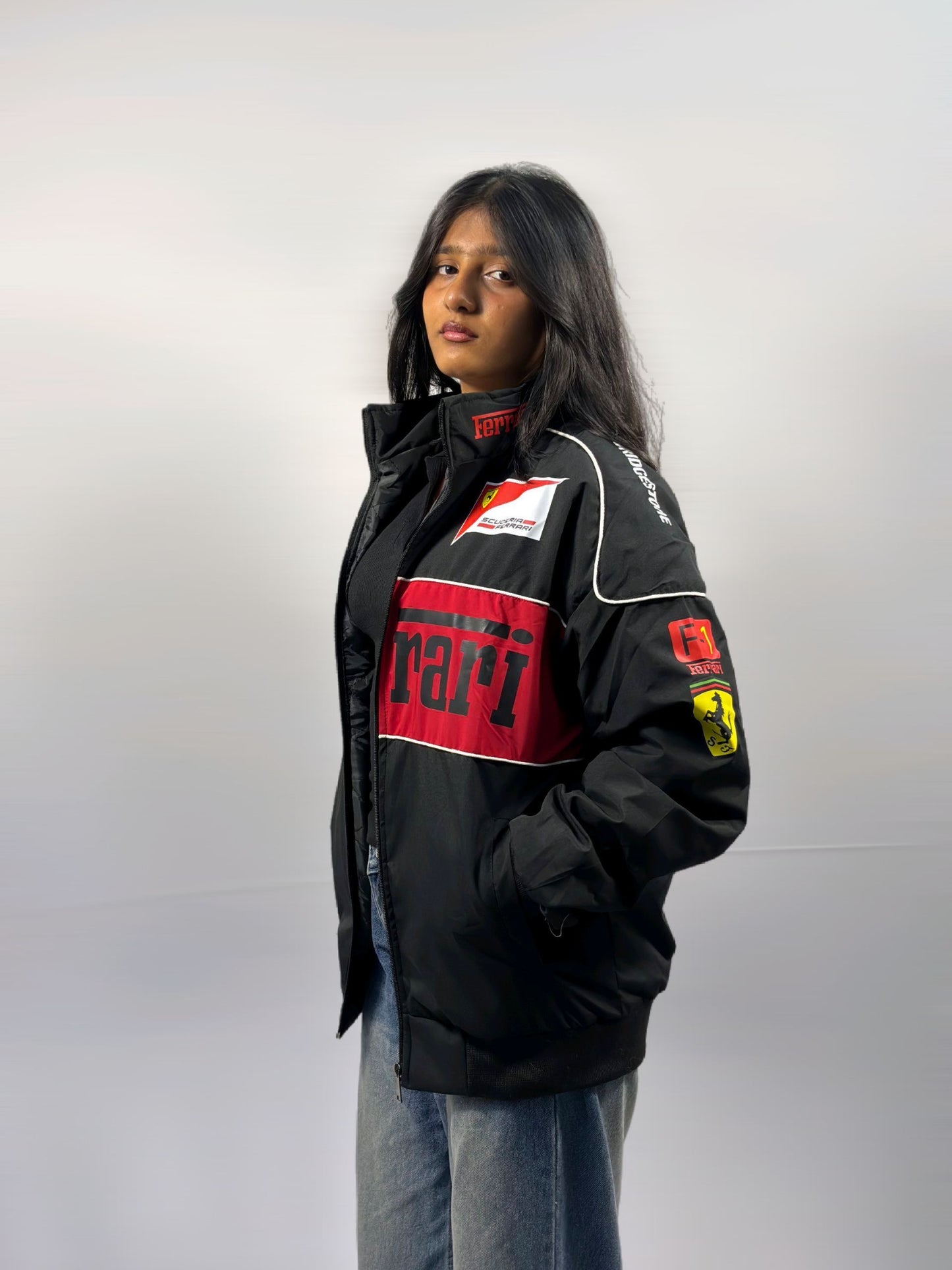 F1 FERRARI BLACK PUFFER PRINTED UNISEX JACKET