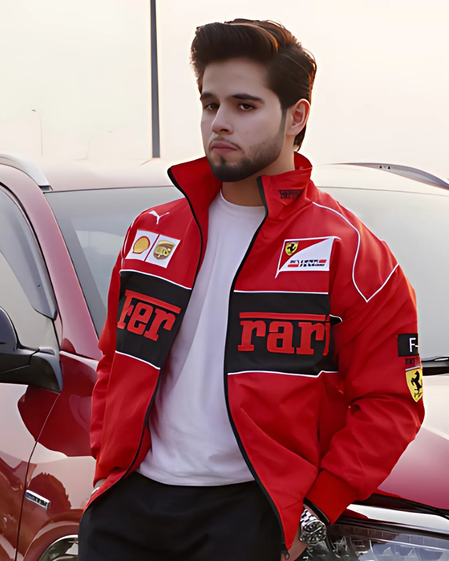 Racing Red Puffer Embroidery unisex Jacket l stylestitch