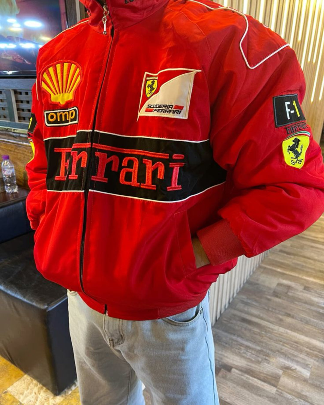 Racing Red Puffer Embroidery unisex Jacket l stylestitch