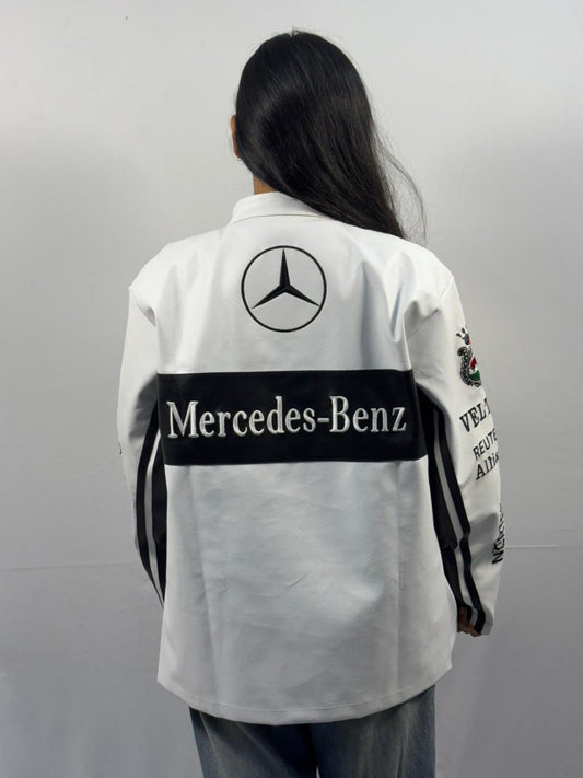 F1 WHITE MERCEDES UNISEX LEATHER JACKET BY STYLESTITCH UNISEX