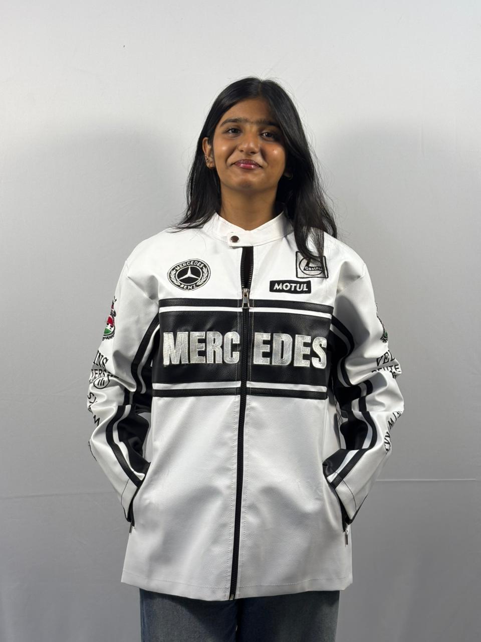 F1 WHITE MERCEDES UNISEX LEATHER JACKET BY STYLESTITCH UNISEX