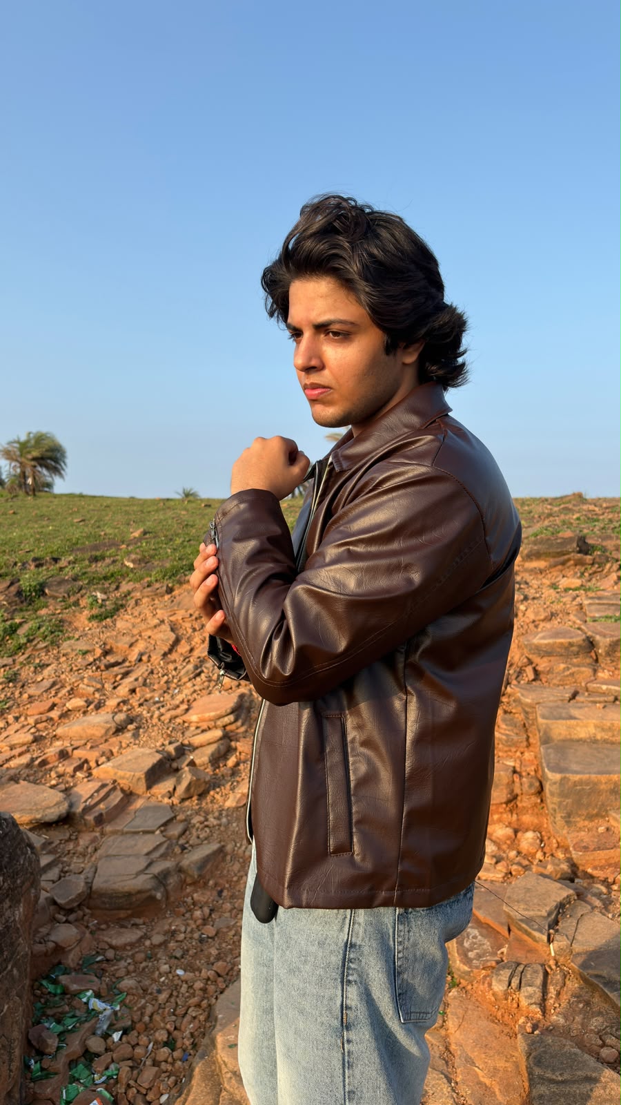 BROWN PLAIN UNISEX COLLAR LEATHER JACKET