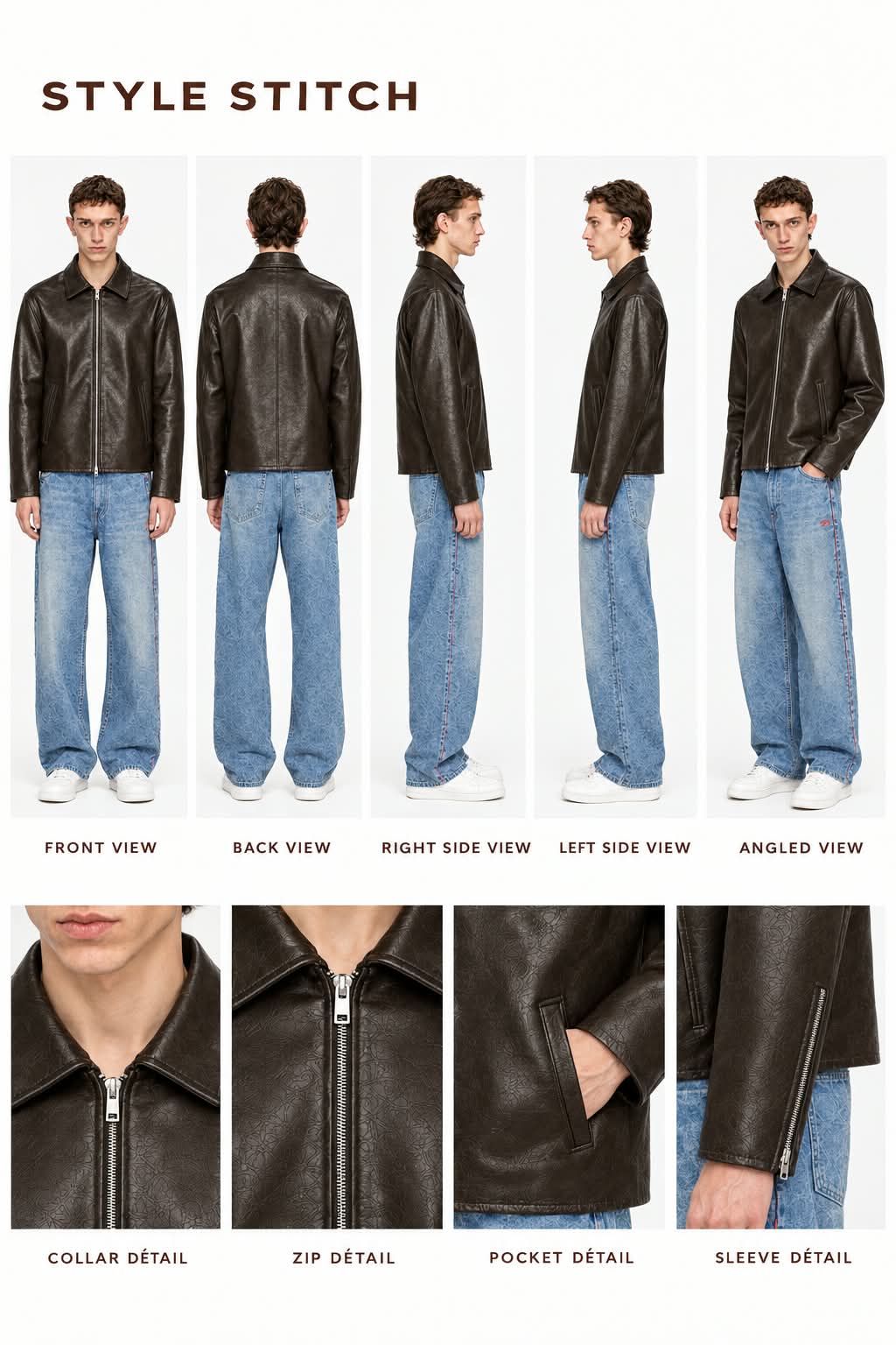BROWN PLAIN UNISEX COLLAR LEATHER JACKET