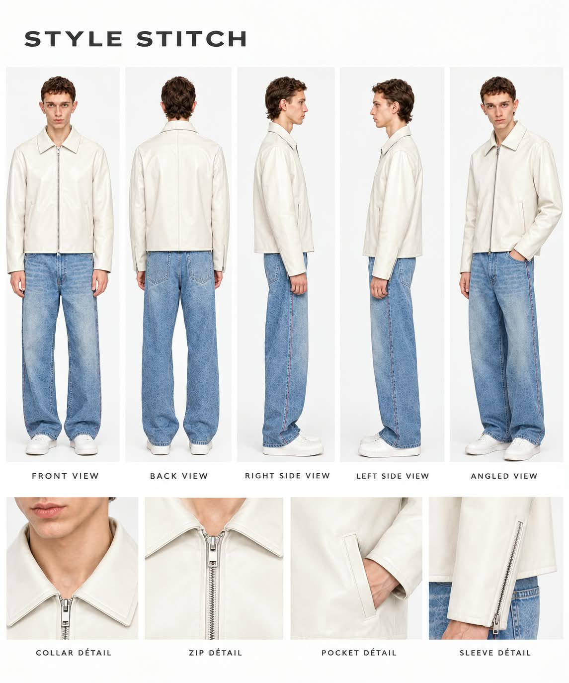 WHITE PLAIN UNISEX COLLAR LEATHER JACKET