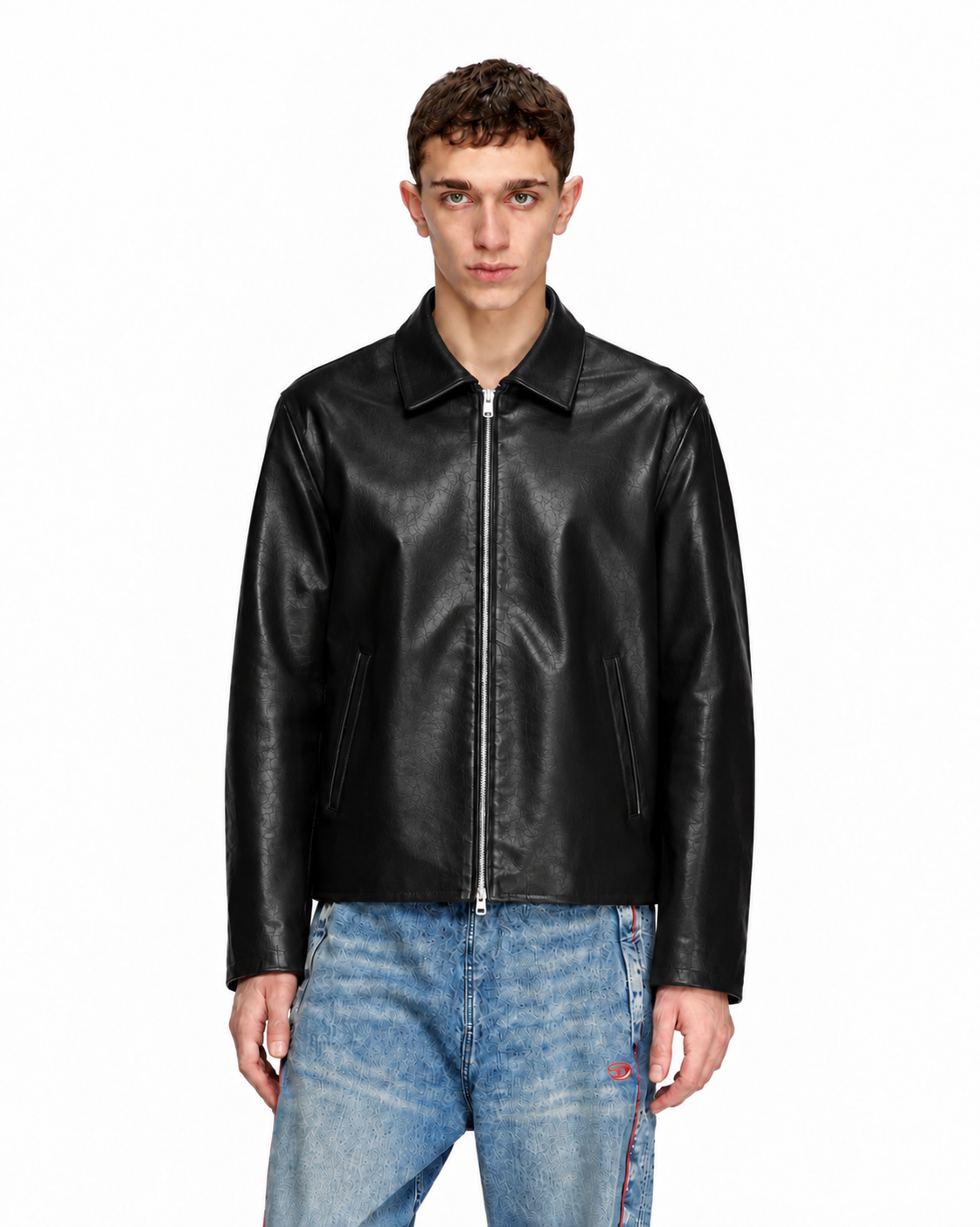 BLACK PLAIN UNISEX COLLAR LEATHER JACKET