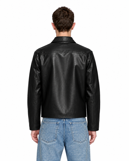 BLACK PLAIN UNISEX COLLAR LEATHER JACKET