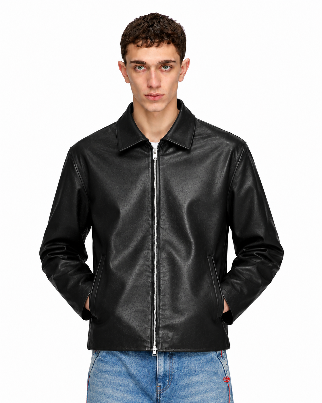 BLACK PLAIN UNISEX COLLAR LEATHER JACKET