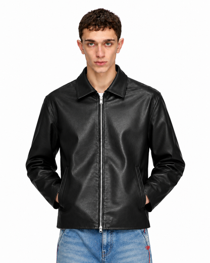 BLACK PLAIN UNISEX COLLAR LEATHER JACKET