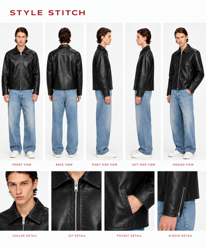BLACK PLAIN UNISEX COLLAR LEATHER JACKET