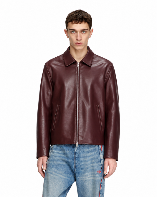 BURGUNDY PLAIN UNISEX COLLAR LEATHER JACKET