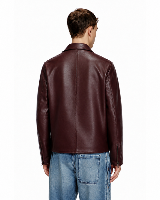BURGUNDY PLAIN UNISEX COLLAR LEATHER JACKET