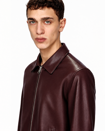 BURGUNDY PLAIN UNISEX COLLAR LEATHER JACKET