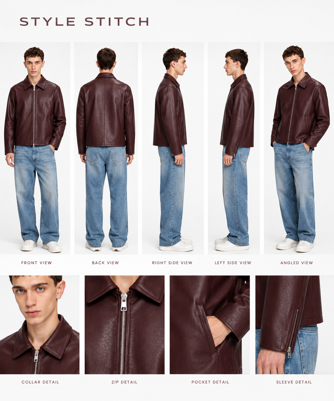 BURGUNDY PLAIN UNISEX COLLAR LEATHER JACKET