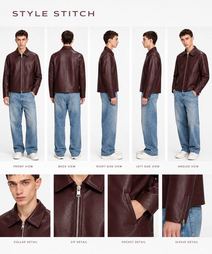 BURGUNDY PLAIN UNISEX COLLAR LEATHER JACKET