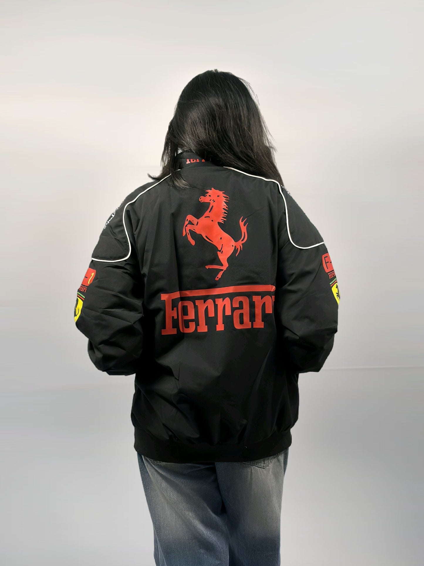 F1 FERRARI BLACK PUFFER PRINTED UNISEX JACKET