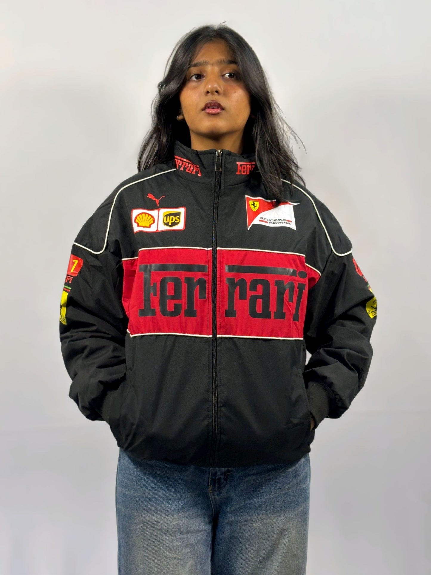 F1 FERRARI BLACK PUFFER PRINTED UNISEX JACKET