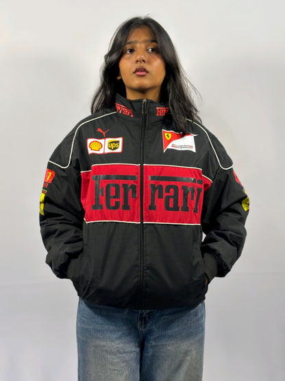 F1 FERRARI BLACK PUFFER PRINTED UNISEX JACKET