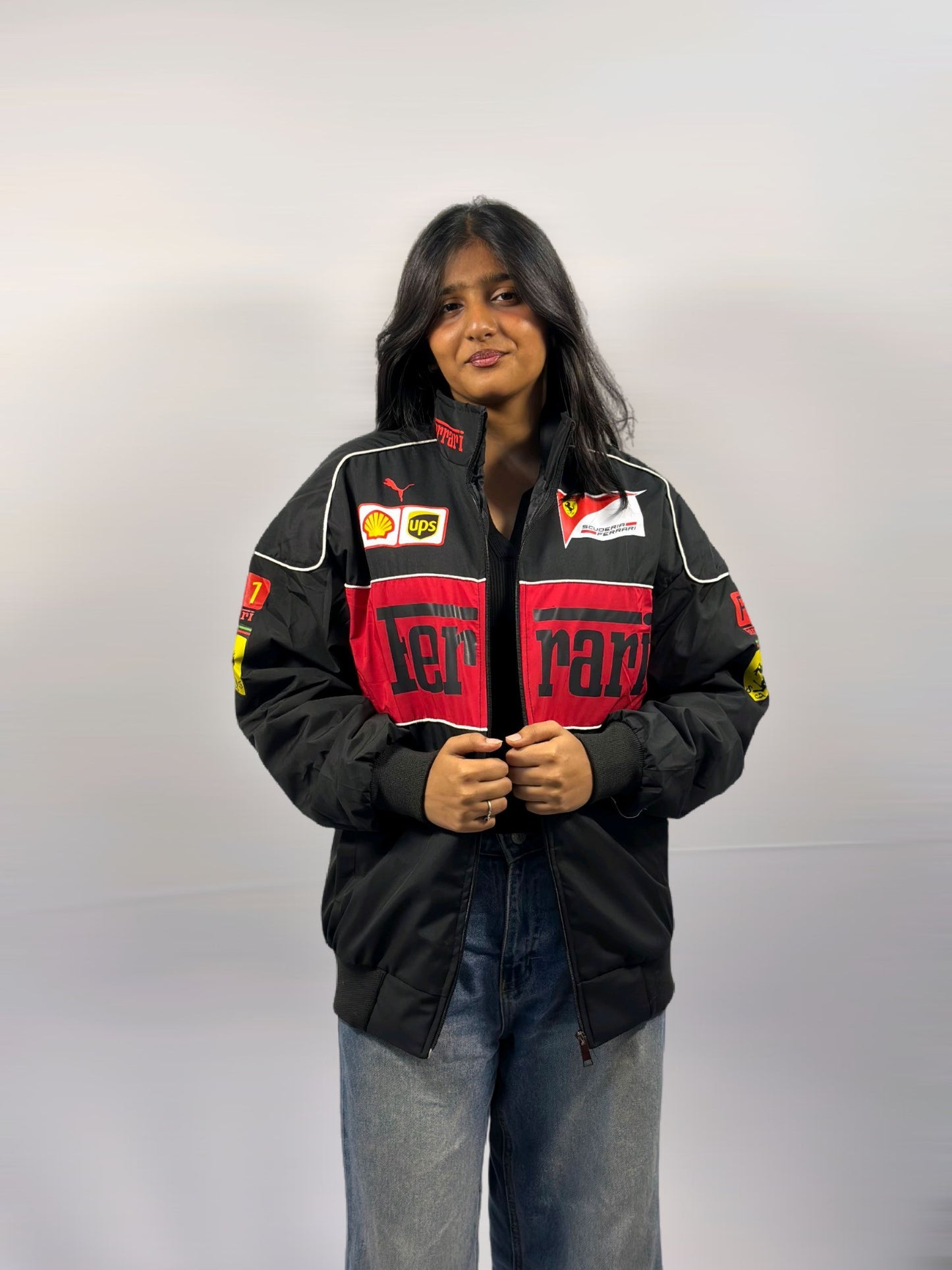 F1 FERRARI BLACK PUFFER PRINTED UNISEX JACKET