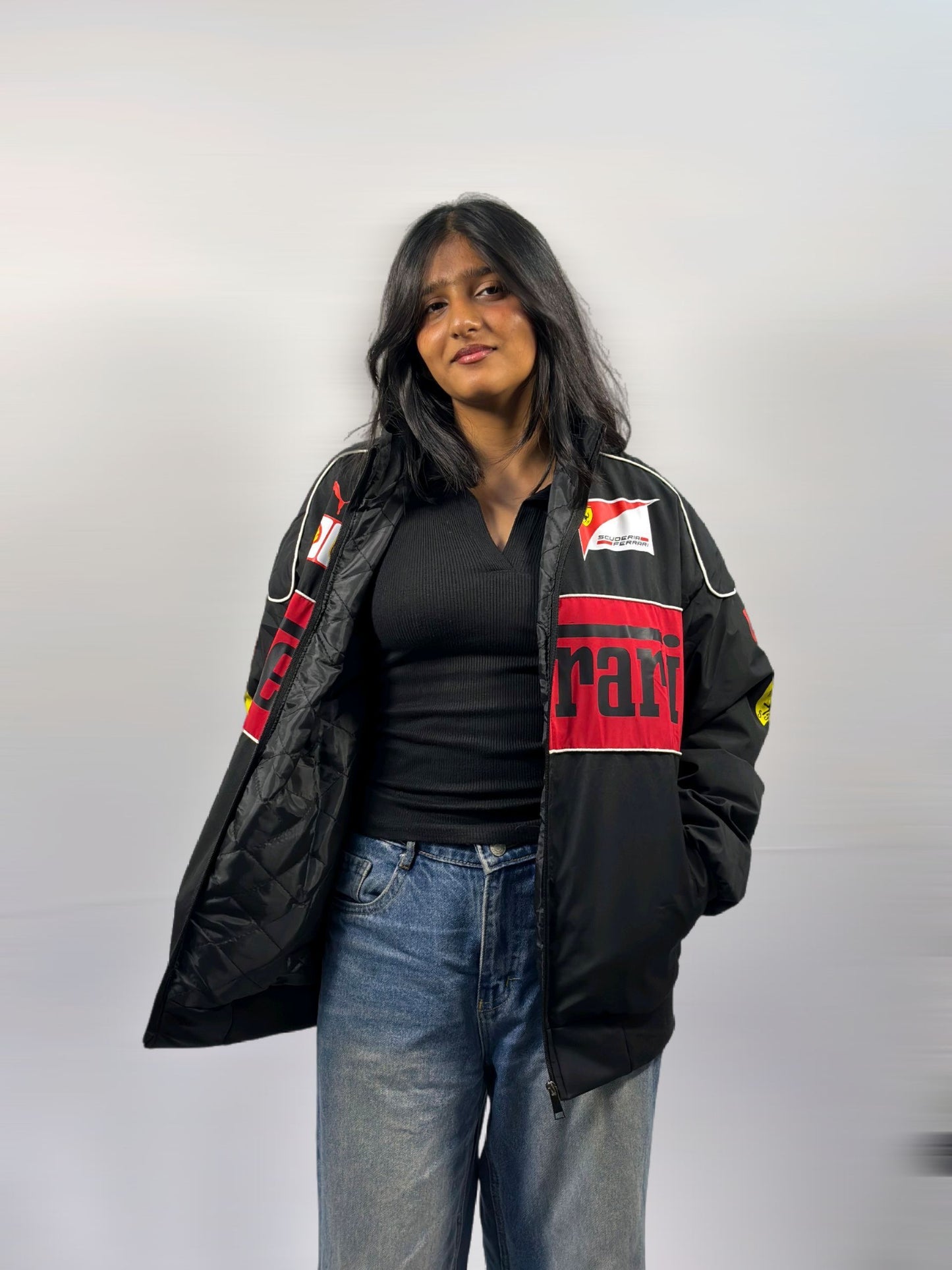F1 FERRARI BLACK PUFFER PRINTED UNISEX JACKET