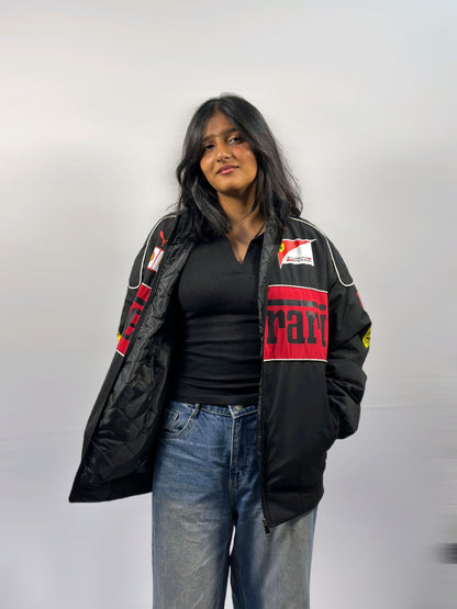 F1 FERRARI BLACK PUFFER PRINTED UNISEX JACKET