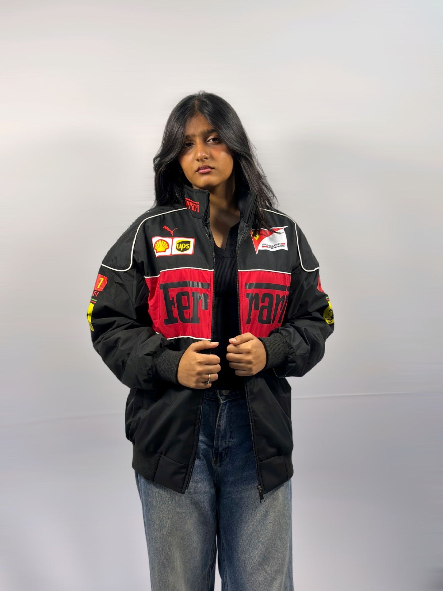 F1 FERRARI BLACK PUFFER PRINTED UNISEX JACKET