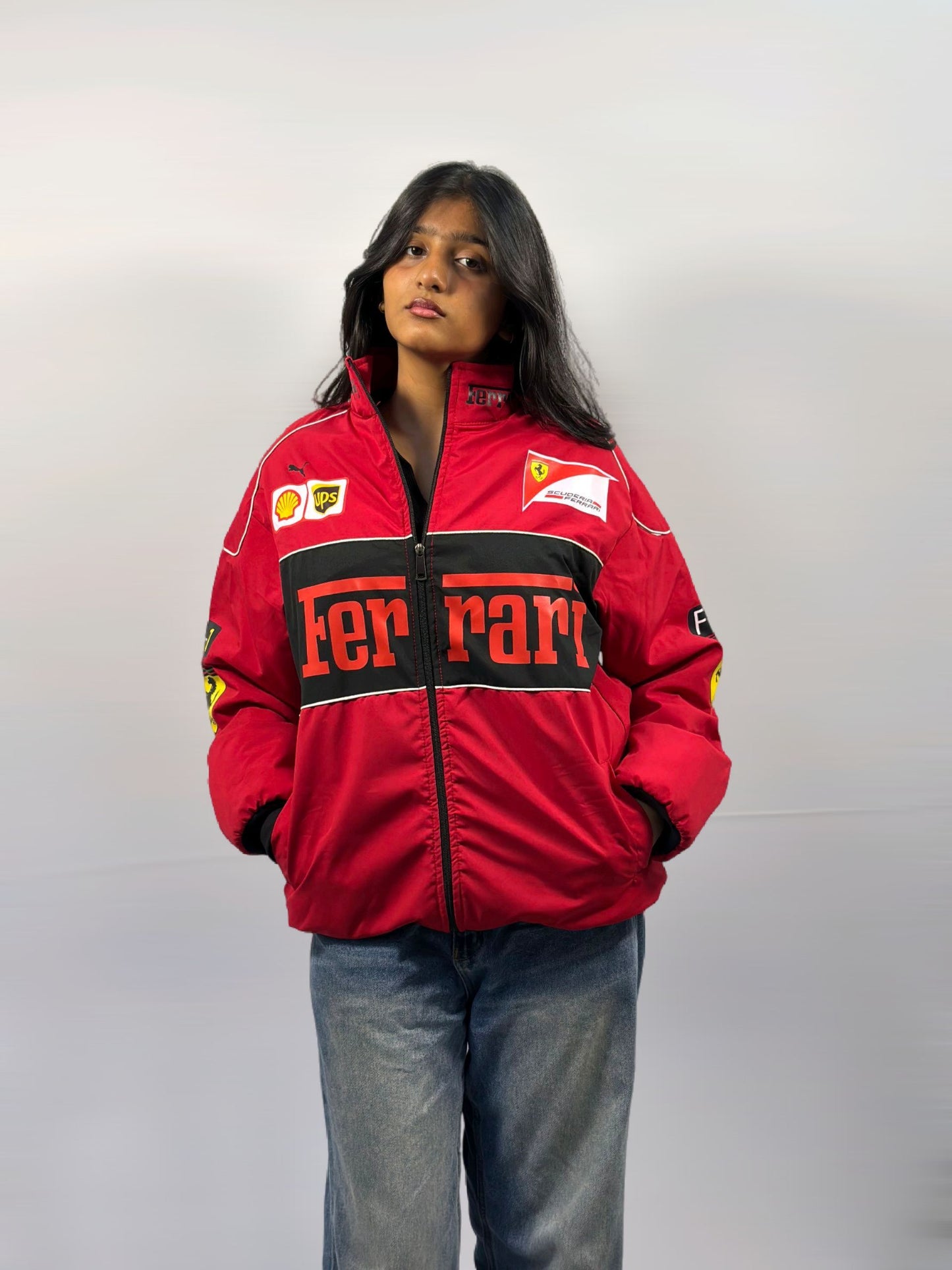 F1 FERRARI RED PUFFER PRINTED UNISEX JACKET