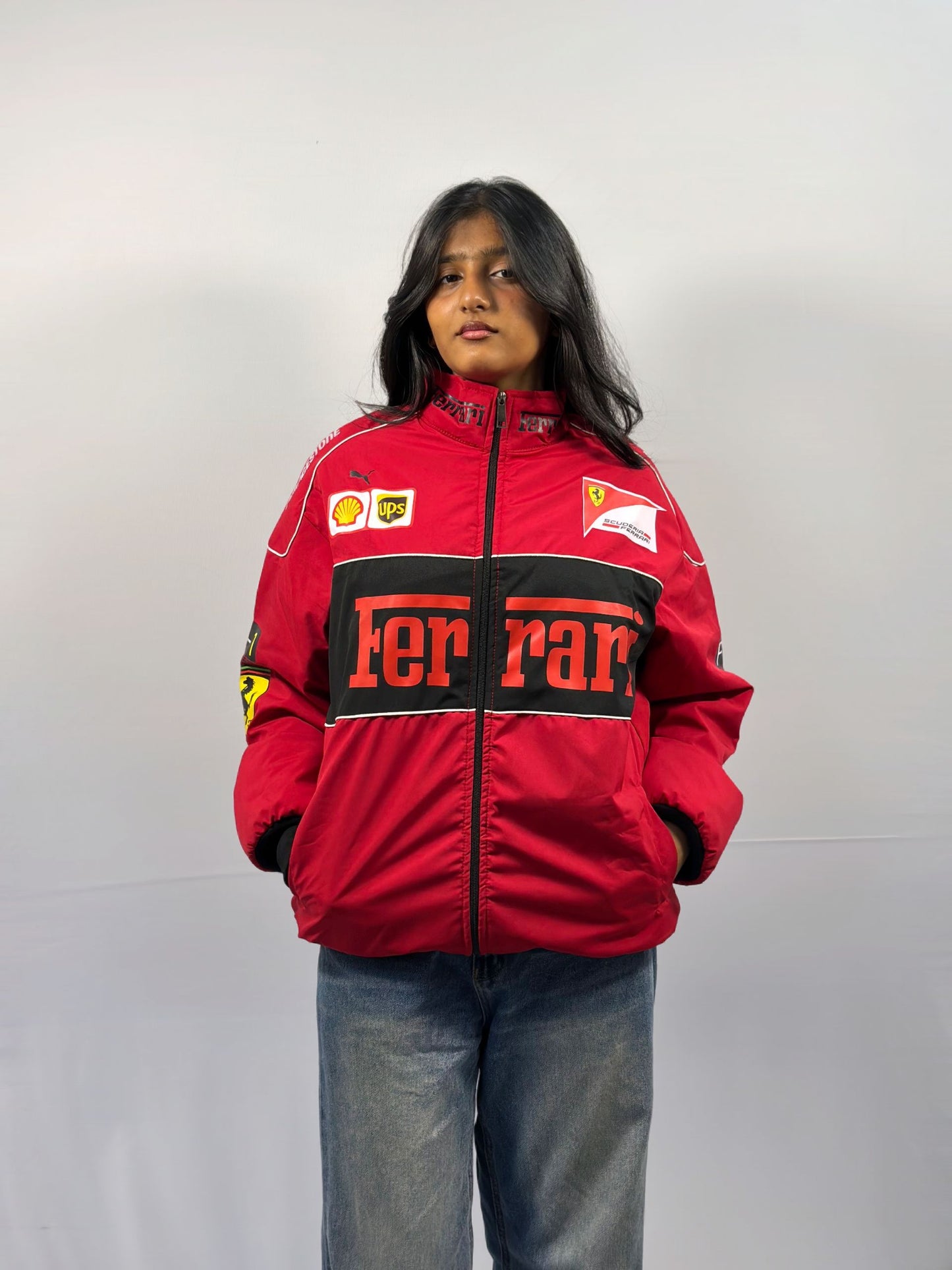F1 FERRARI RED PUFFER PRINTED UNISEX JACKET