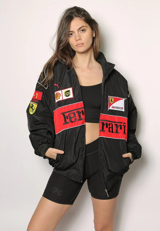 Racing Black Puffer Embroidery Unisex Jacket l stylestitch