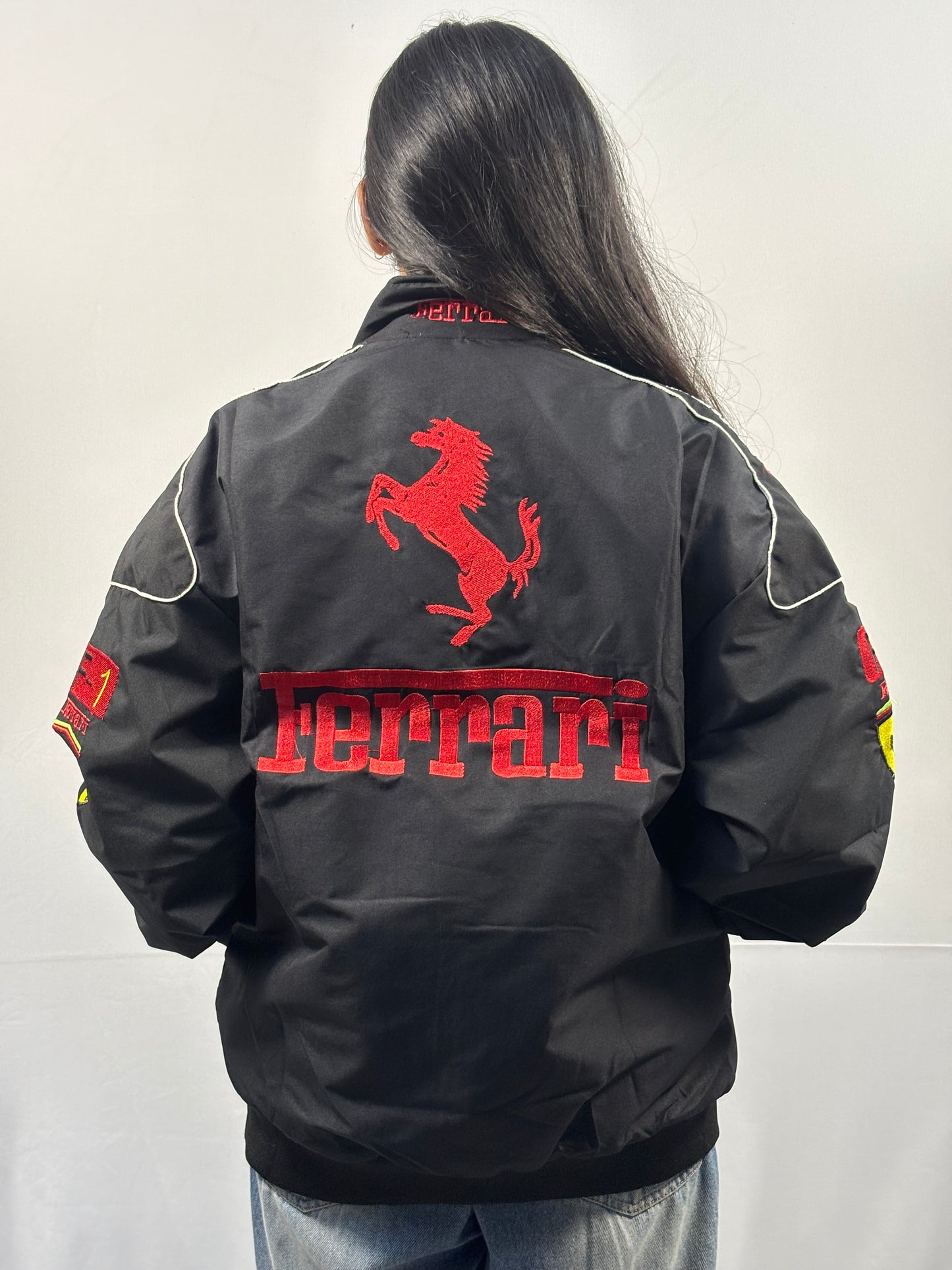 F1 FERRARI BLACK PUFFER PRINTED UNISEX JACKET