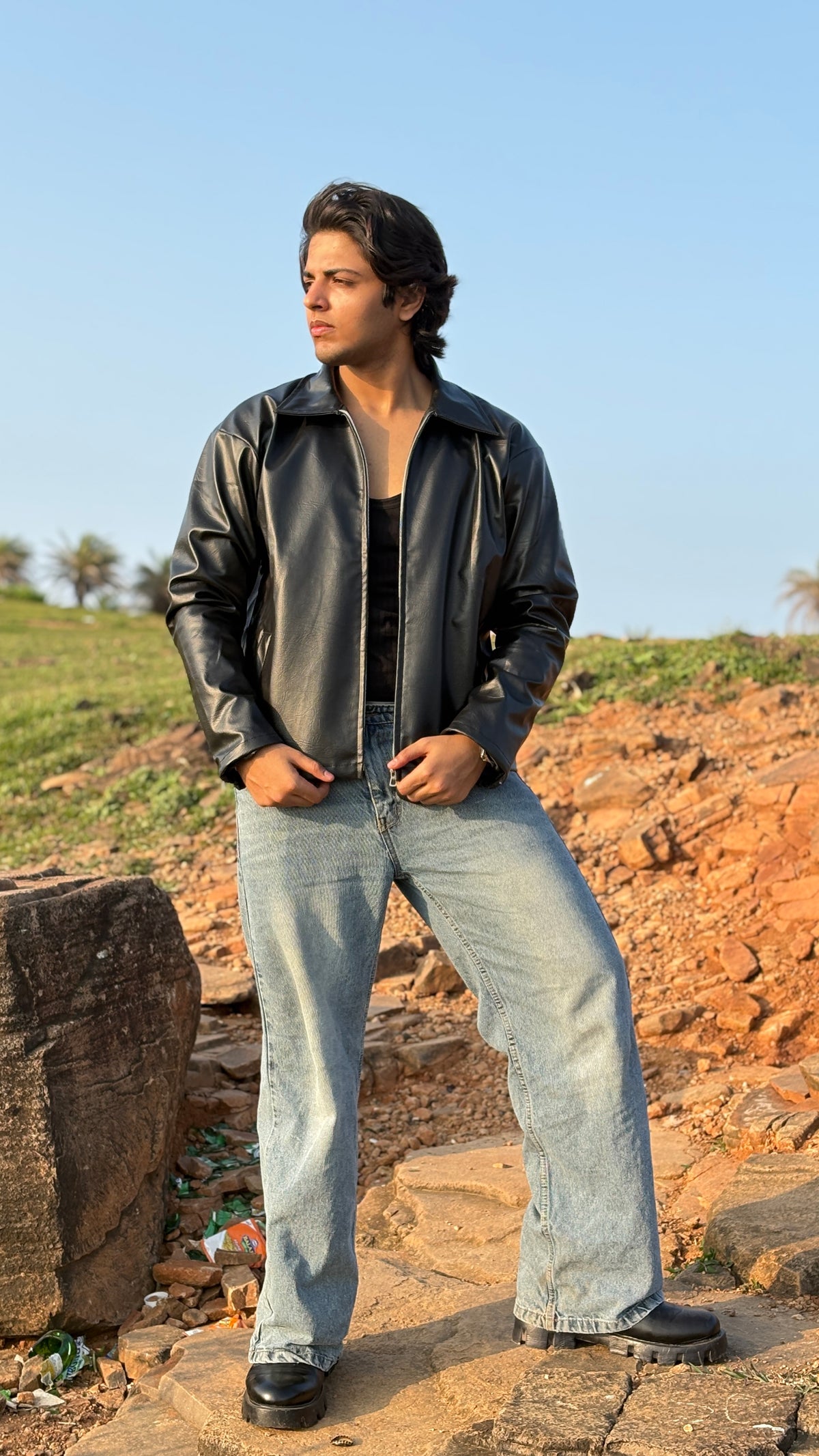 Z BLACK PLAIN UNISEX COLLAR LEATHER JACKET