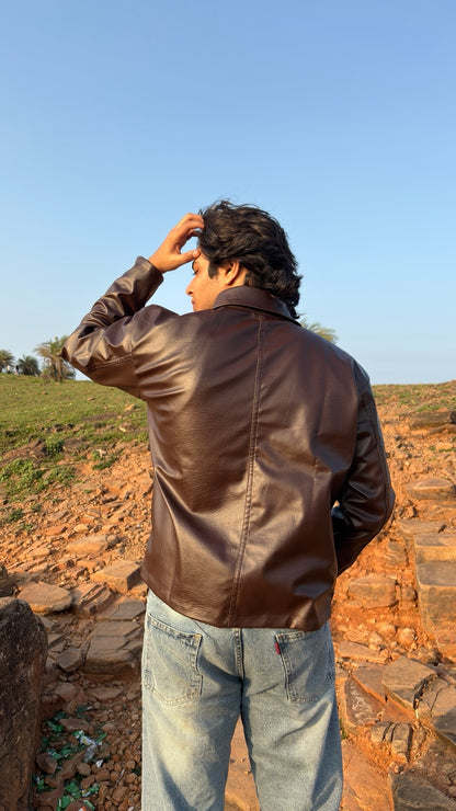 BROWN PLAIN UNISEX COLLAR LEATHER JACKET
