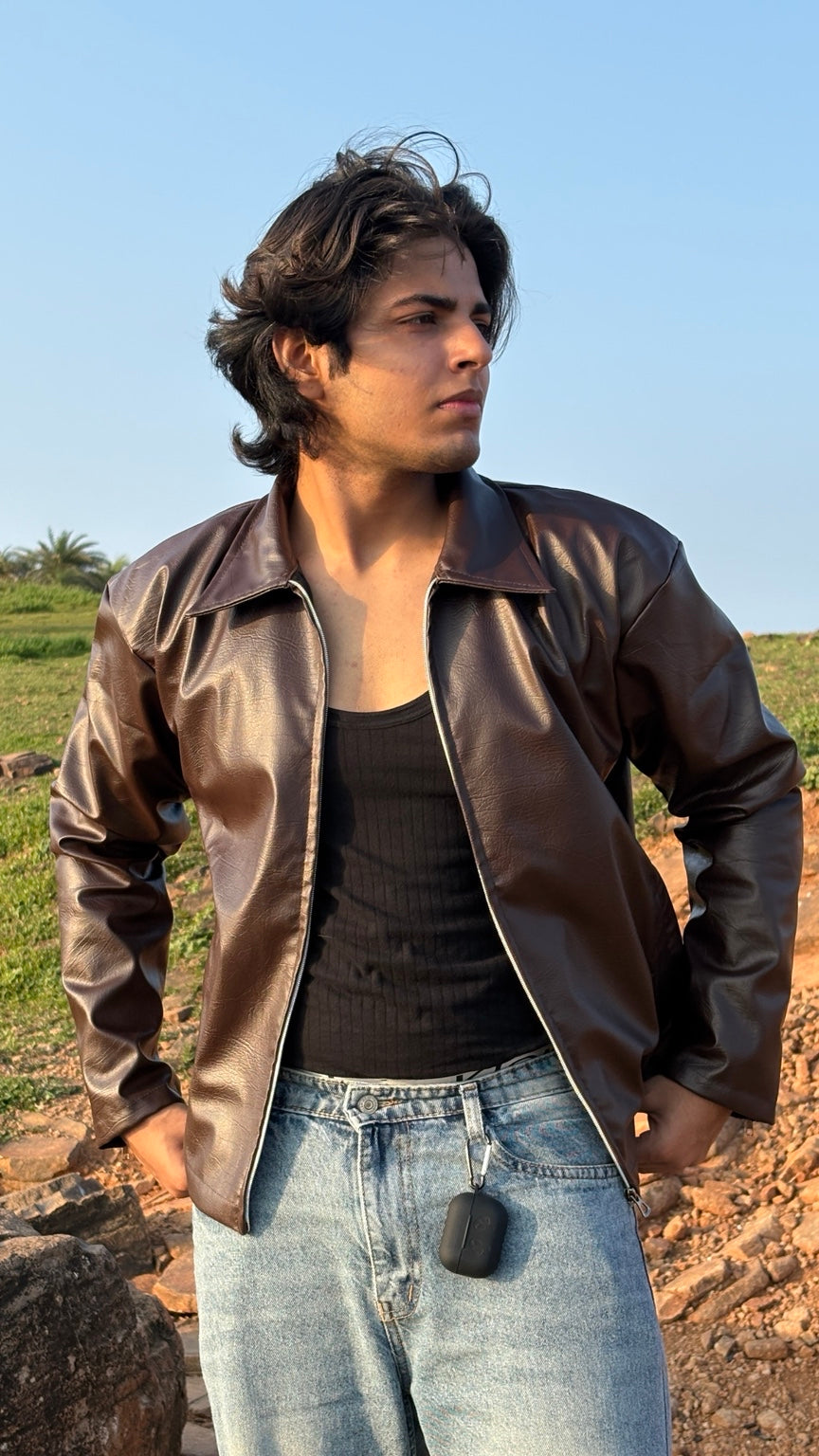 BROWN PLAIN UNISEX COLLAR LEATHER JACKET