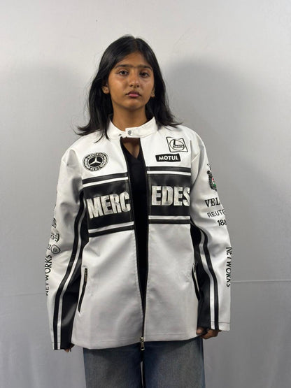 F1 WHITE MERCEDES UNISEX LEATHER JACKET BY STYLESTITCH UNISEX