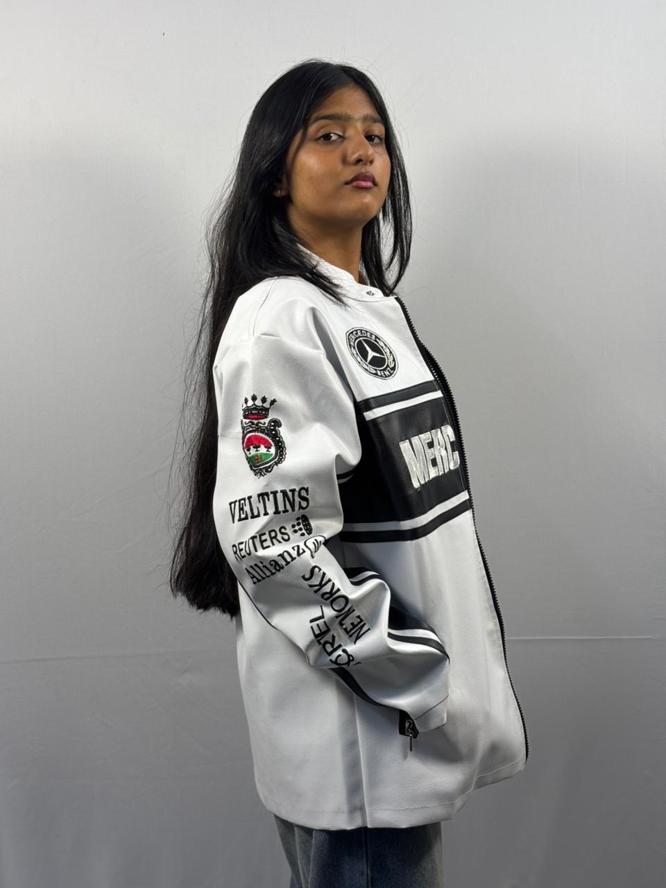 F1 WHITE MERCEDES UNISEX LEATHER JACKET BY STYLESTITCH UNISEX