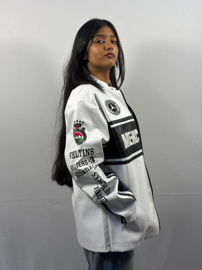 F1 WHITE MERCEDES UNISEX LEATHER JACKET BY STYLESTITCH UNISEX