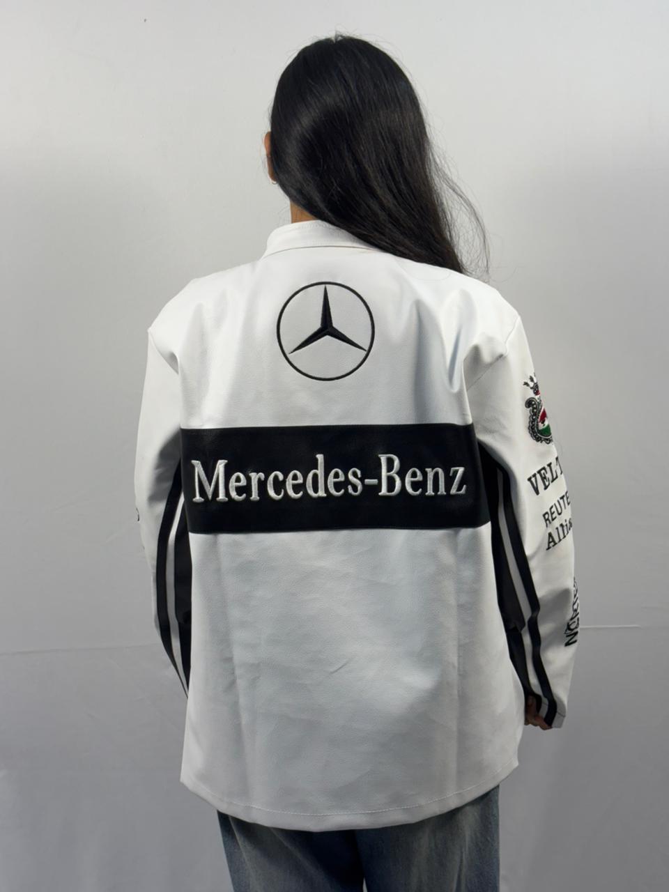 F1 WHITE MERCEDES UNISEX LEATHER JACKET BY STYLESTITCH UNISEX