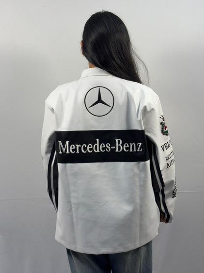 F1 WHITE MERCEDES UNISEX LEATHER JACKET BY STYLESTITCH UNISEX