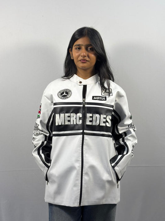 F1 WHITE MERCEDES UNISEX LEATHER JACKET BY STYLESTITCH UNISEX