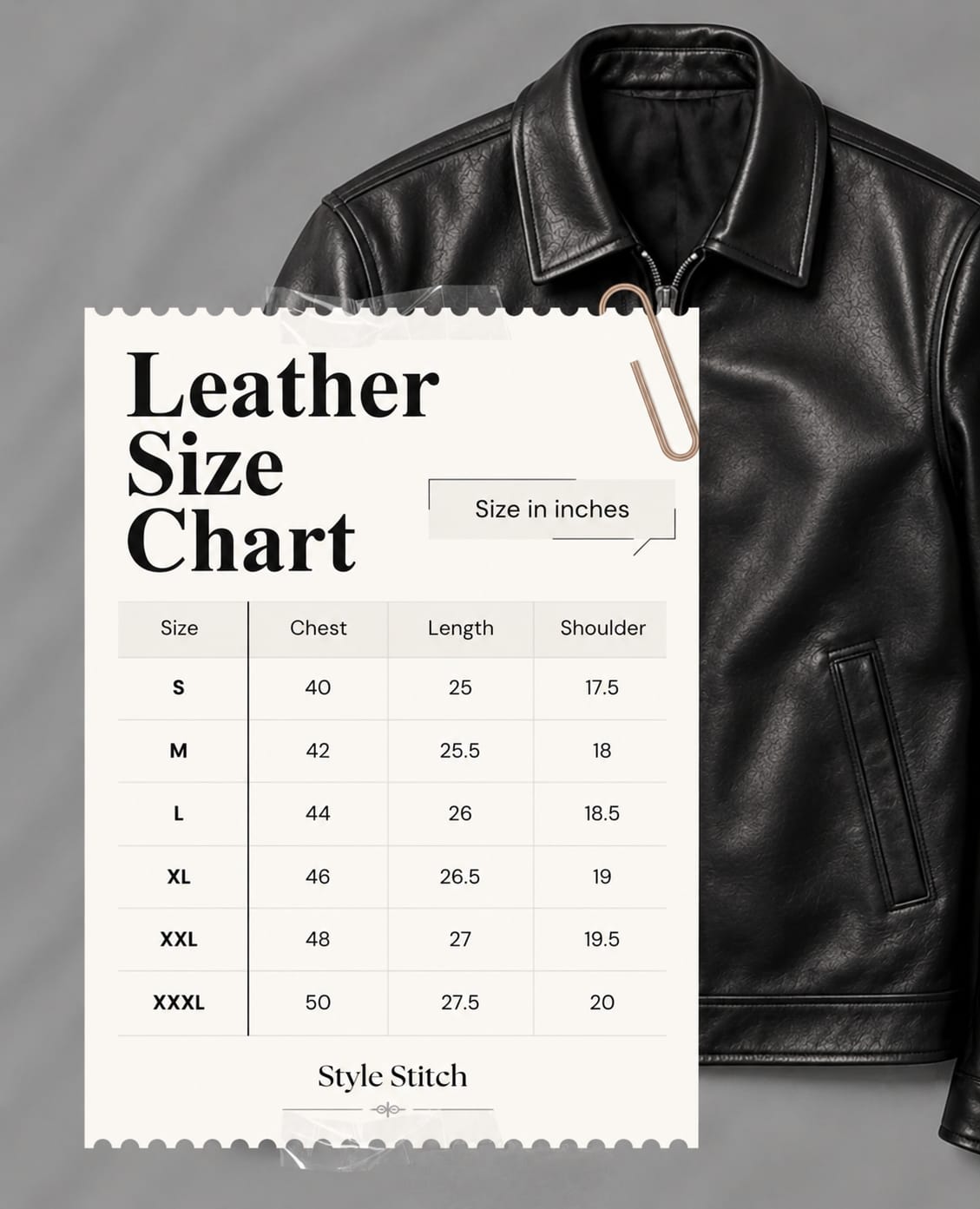 Leather jacket with a size chart on a gray background