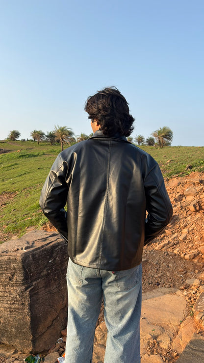 Z BLACK PLAIN UNISEX COLLAR LEATHER JACKET