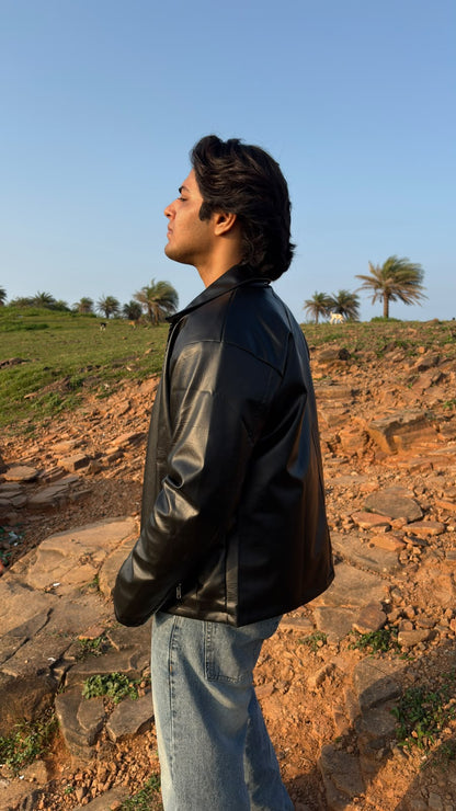 Z BLACK PLAIN UNISEX COLLAR LEATHER JACKET