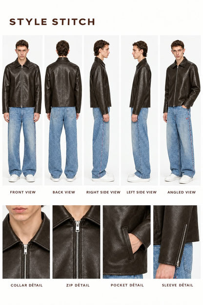 BROWN PLAIN UNISEX COLLAR LEATHER JACKET