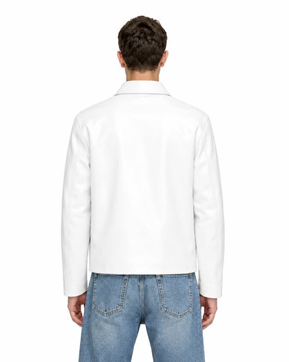 WHITE PLAIN UNISEX COLLAR LEATHER JACKET
