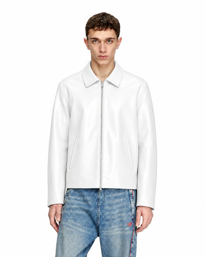WHITE PLAIN UNISEX COLLAR LEATHER JACKET