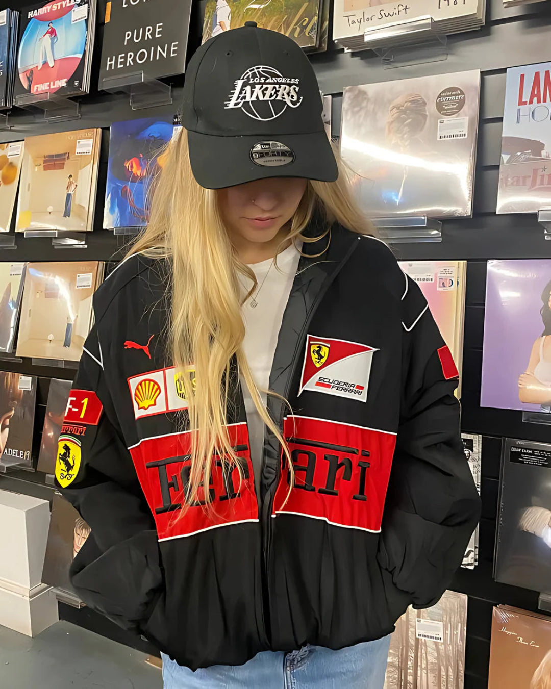 Racing Black Puffer Embroidery Unisex Jacket l stylestitch