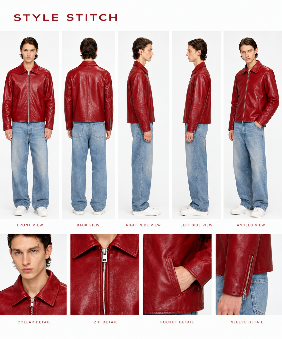 CHERRY RED PLAIN UNISEX COLLAR LEATHER JACKET