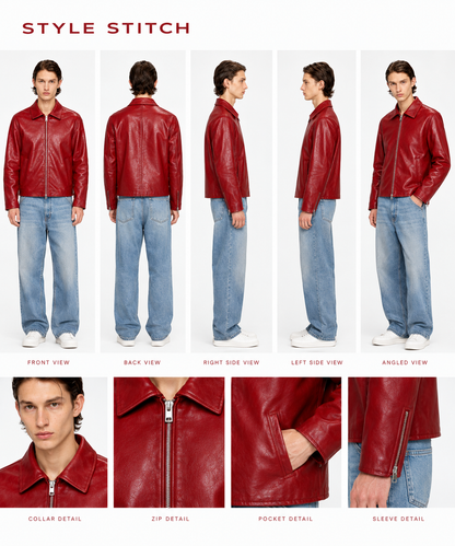 CHERRY RED PLAIN UNISEX COLLAR LEATHER JACKET