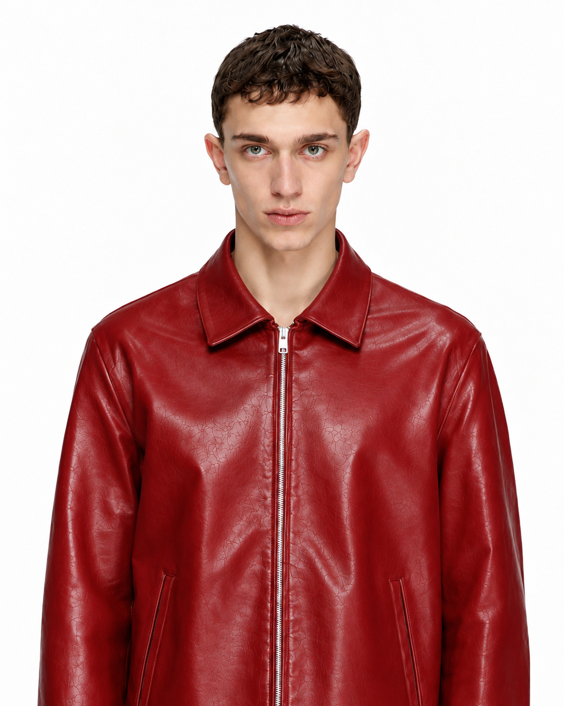 CHERRY RED PLAIN UNISEX COLLAR LEATHER JACKET