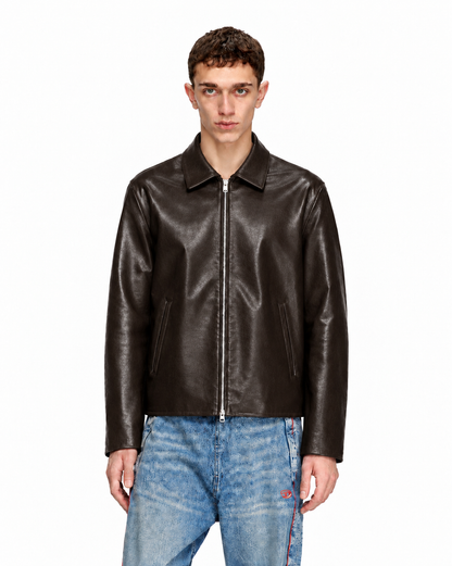 BROWN PLAIN UNISEX COLLAR LEATHER JACKET