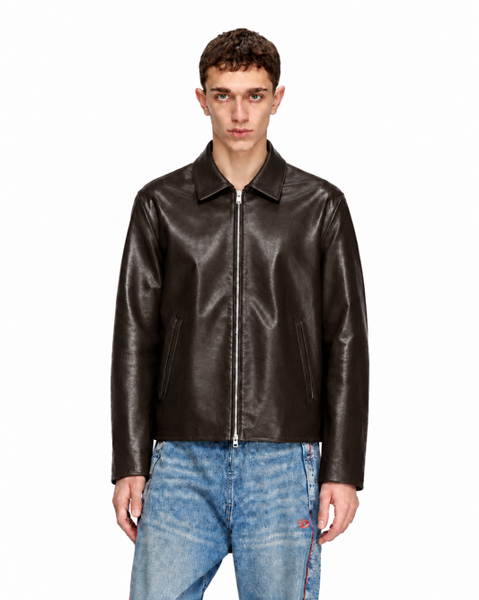 BROWN PLAIN UNISEX COLLAR LEATHER JACKET